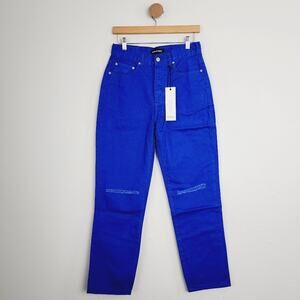 NEW Neon Blonde Revolve Cara Cobalt Blue Distressed Straight Leg Mom Jean